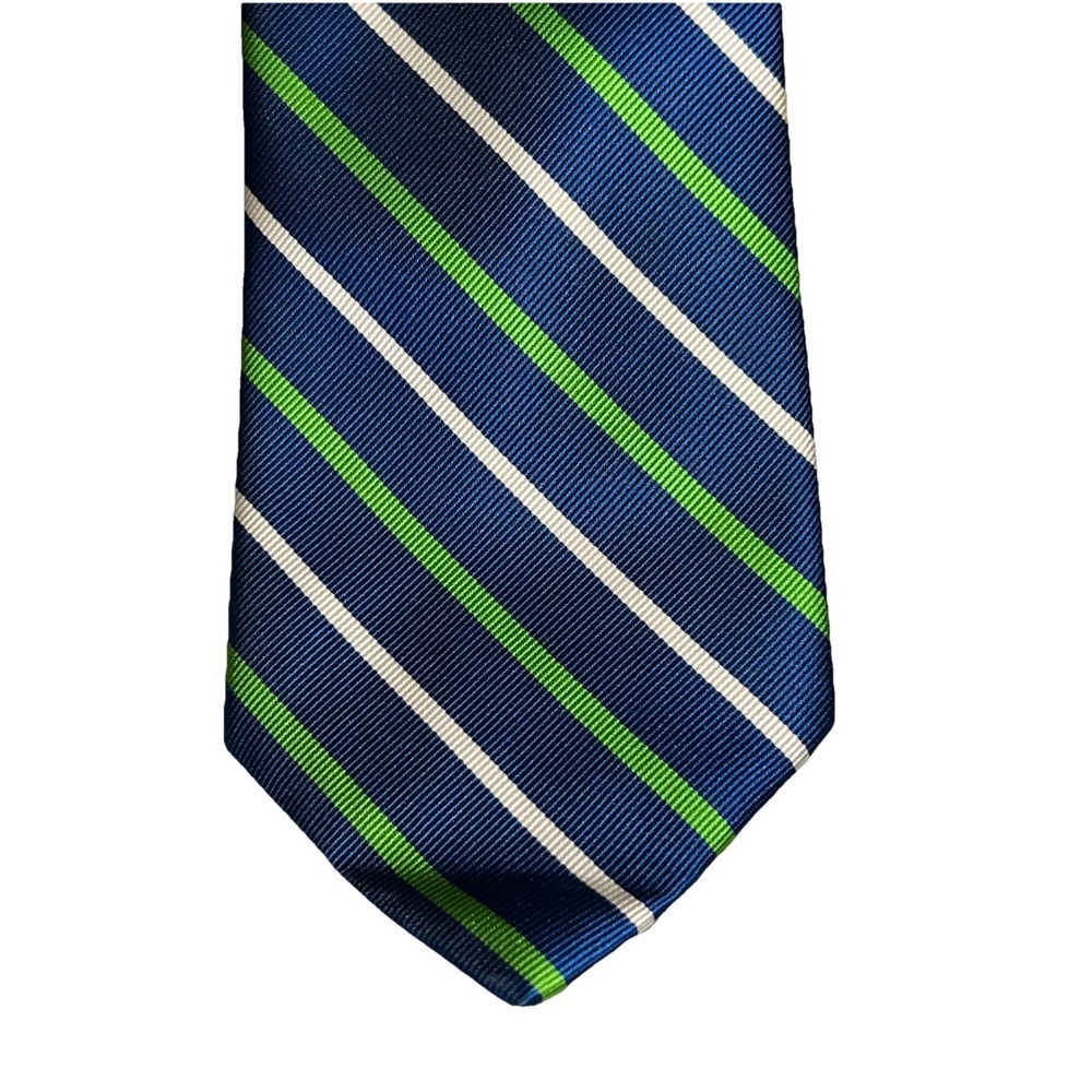 J Crew Navy Blue Green White Striped 100% Silk Mens Neck Tie Preppy Business EUC